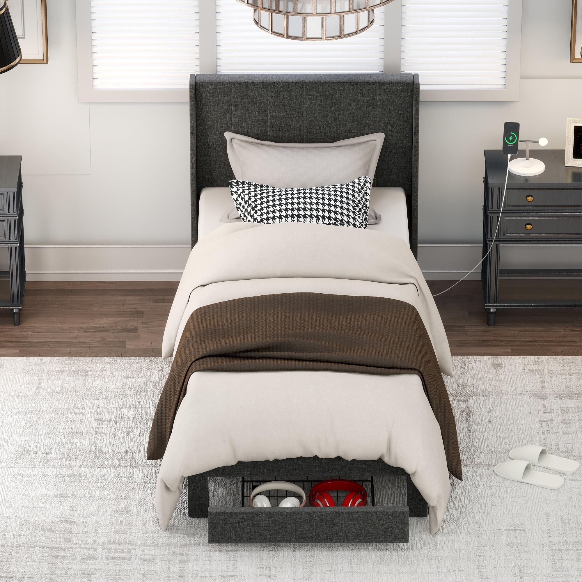 Homy Casa Queen Bed Frame Set with Upholstered Headboard and Compact Tray Table