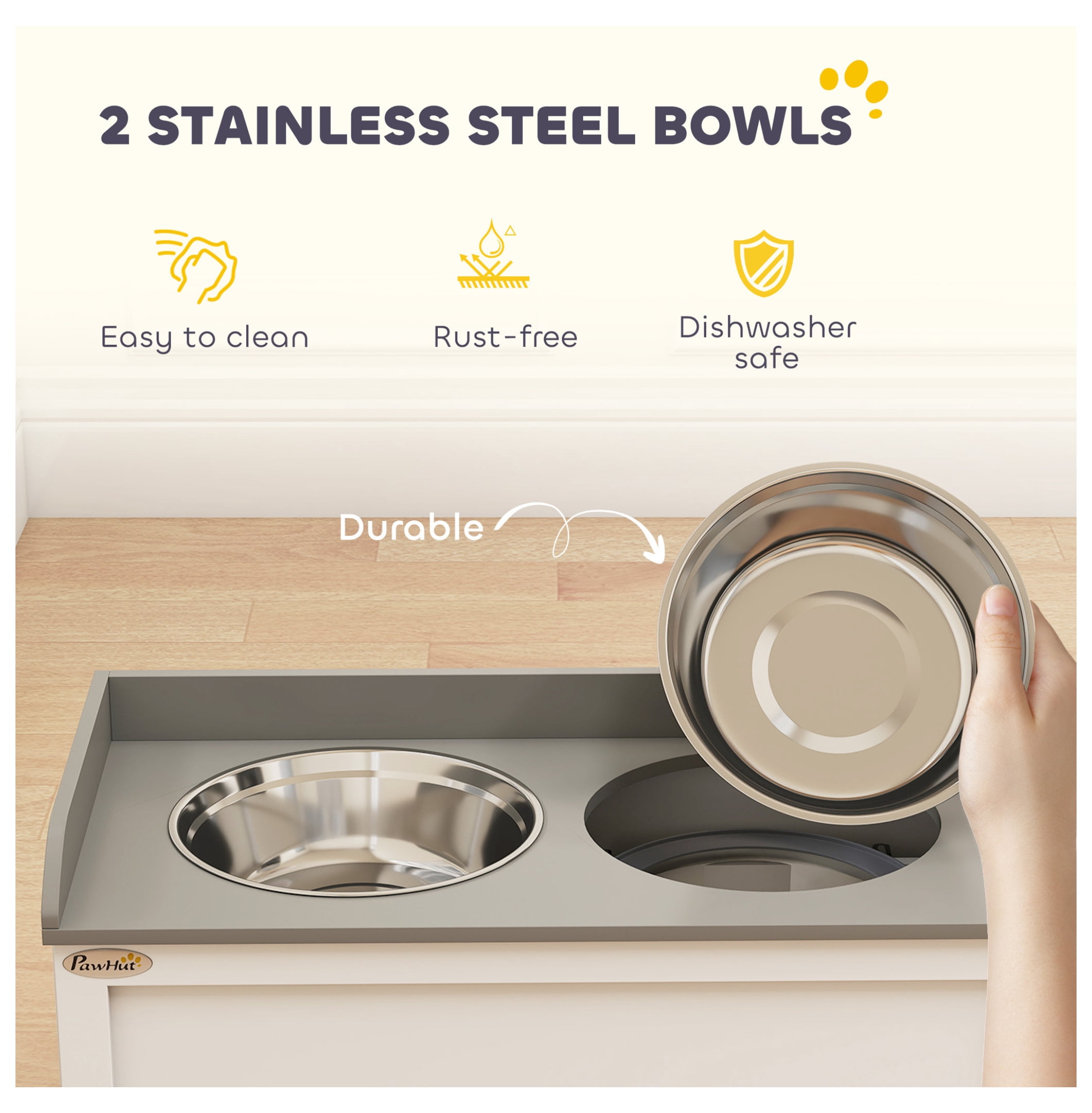 Elevated Dog Bowls with Storage, Pet Feeding Station for Large Dogs, 2 Stainless Steel Bowls, White Dog Diner