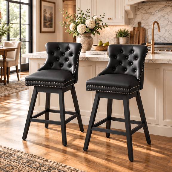 Tewloss 30" Set of 2 Swivel Bar Stools with Back - Modern Upholstered PU Faux Leather Bar Height Barstools Chairs for Home Dining Kitchen, Black