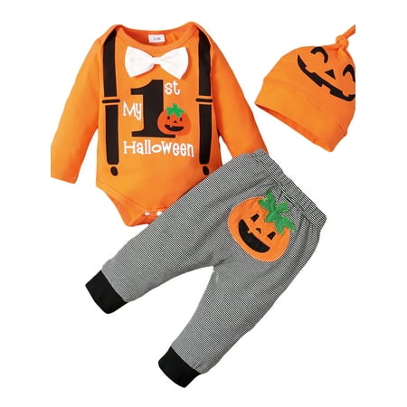 

uukiA Infant 0-18 Months Unisex Baby Halloween Long Sleeve Printed Romper Pants And Hat 3PCs Outfits Set