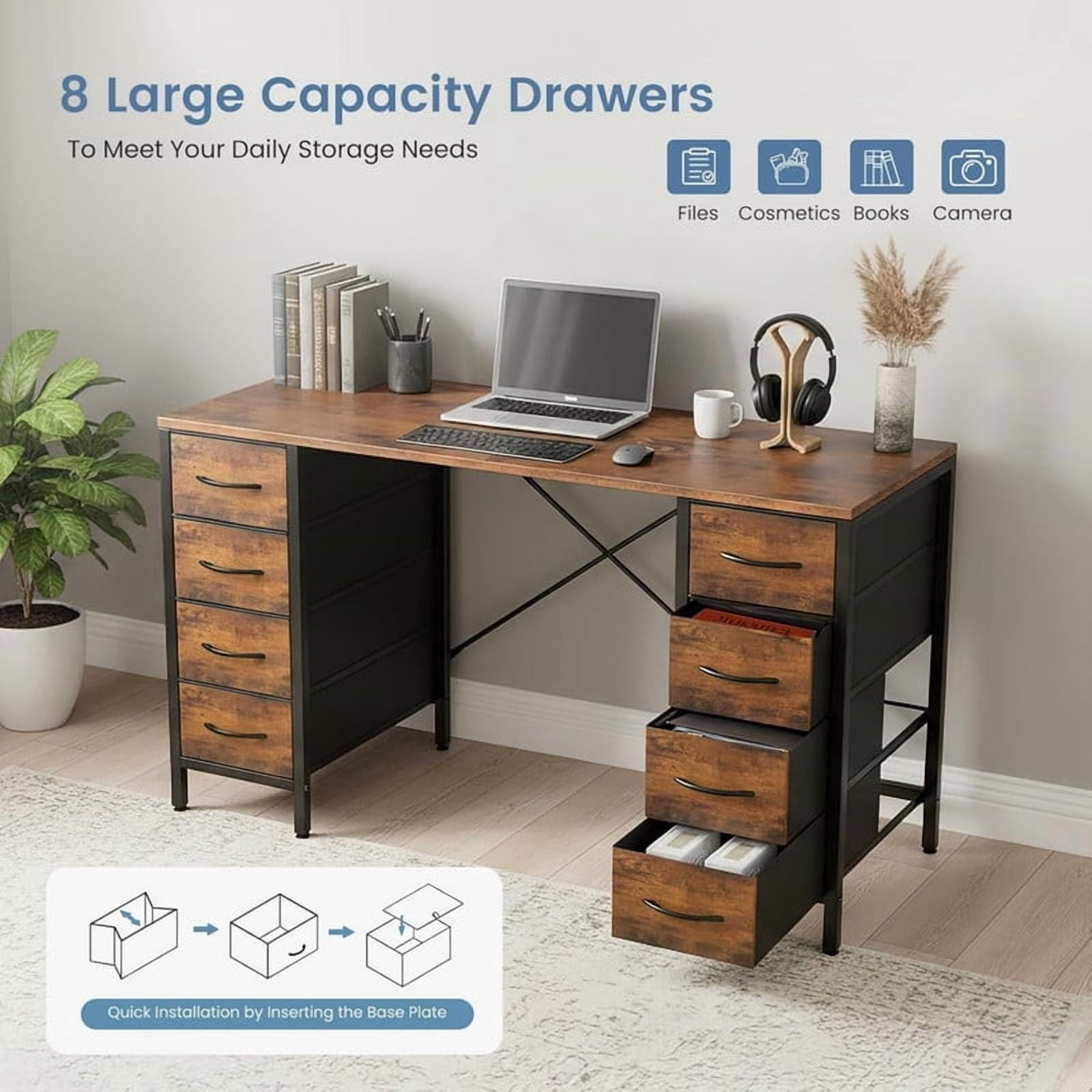 Kelno 47 Inch Computer Desk with 8 Fabric Drawer Large Storage Gaming Writing Table, Rustic Brown