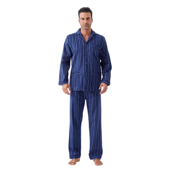 GLOBAL Men's Cotton Flannel Pajama Set, Long Sleeve Button‑Down Top & Long Pants Sleepwear, Soft Warm Loungewear, S-3XL