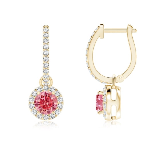 ANGARA Lab Grown Pink Diamond Dangle Earrings with Halo for Women in 14K Yellow Gold (Size-4.5mm| Clarity-VS) | Anniversary, Jewelry Gift for Women | Lab-Grown Pink Diamond Earrings