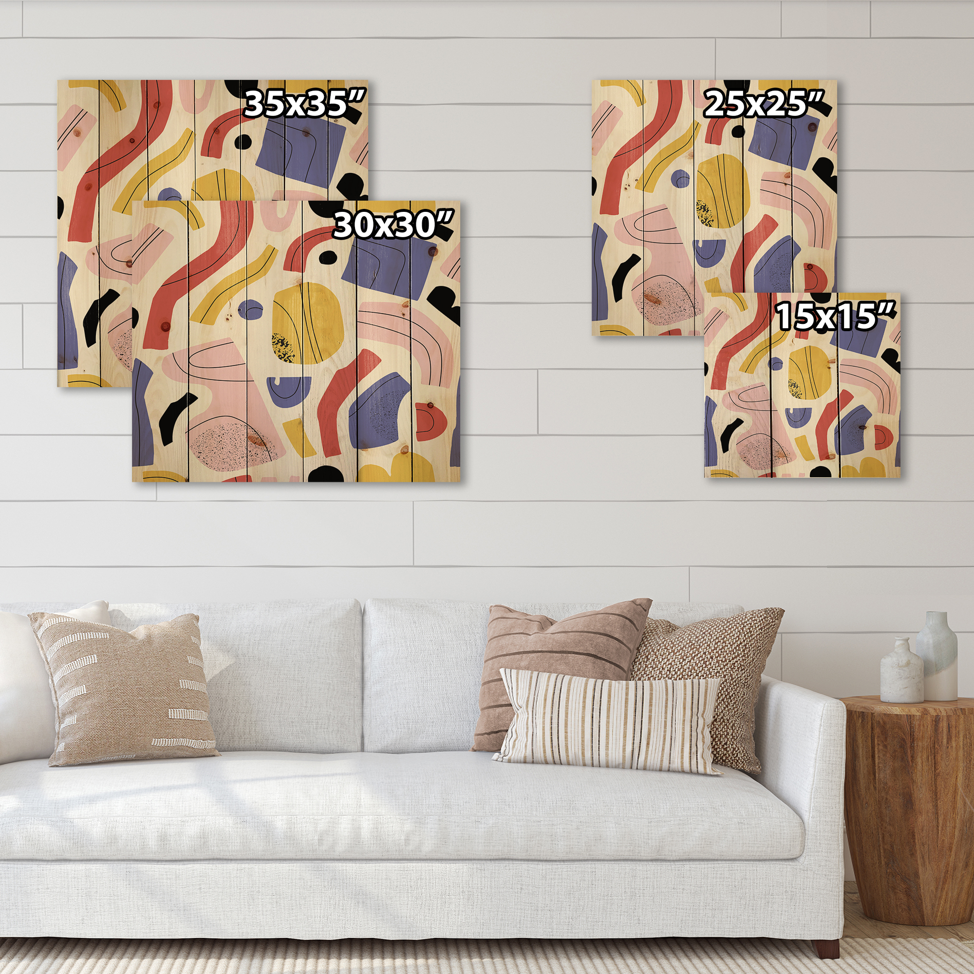 Designart 'Organic and Elements In Pink Yellow and Red' Modern Print on Natural Pine Wood