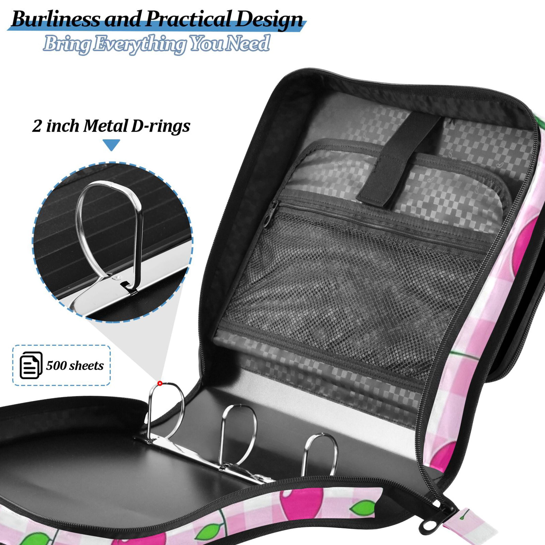3 Ring Zipper Binder with Shoulder Strap Waterproof Trapper Keeper 2 Inch D-Ring 500 Sheets Capacity Cherry on Gingham