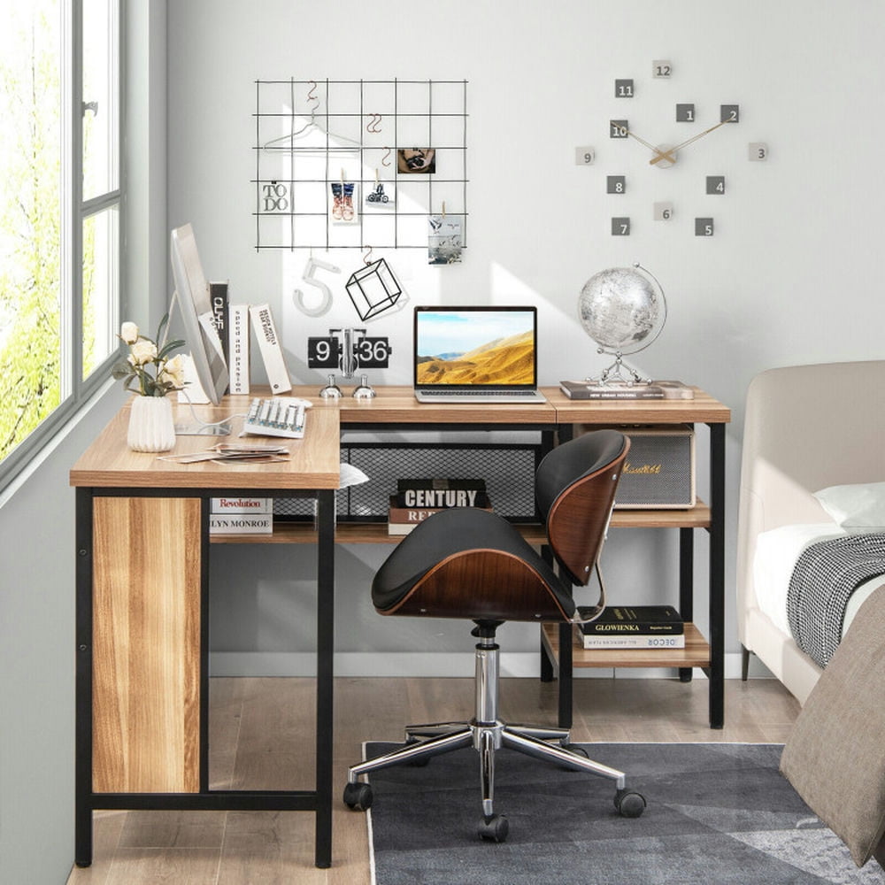 Demi Bonn Industrial L-Shaped Corner Computer Desk Office Workstation with Storage Shelves, Small Home Office Desk Study Writing Table, Beige
