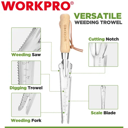 Workpro Hand Weeder Puller 5-In-1 Stainless Steel Garden Trowel W/ Wooden Handle