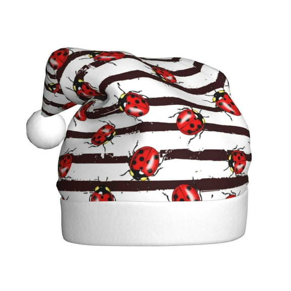 Fuzoiu Ladybugs on Black and White Striped1 Print Santa Hat Christmas Hat for Adults,Santa Hats with Pompom, Unisex Xmas Holiday Hat for Christmas New Year Festive Party Supplies