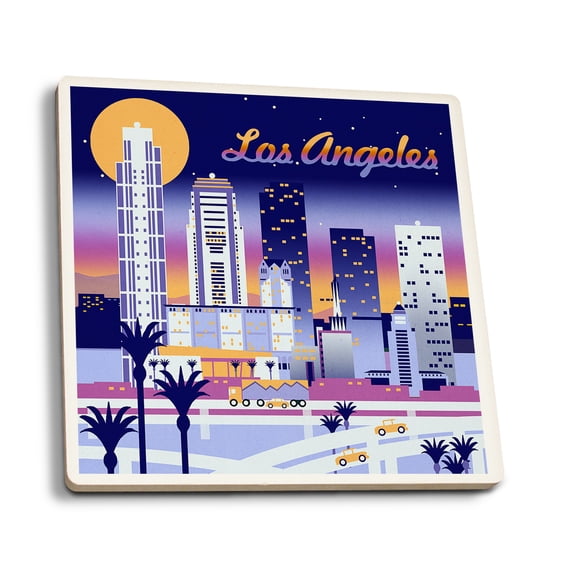 Lantern Press Ceramic Coaster Set, Los Angeles, Retro Skyline Chromatic Series, Cork Back, Absorbent, Unique Art
