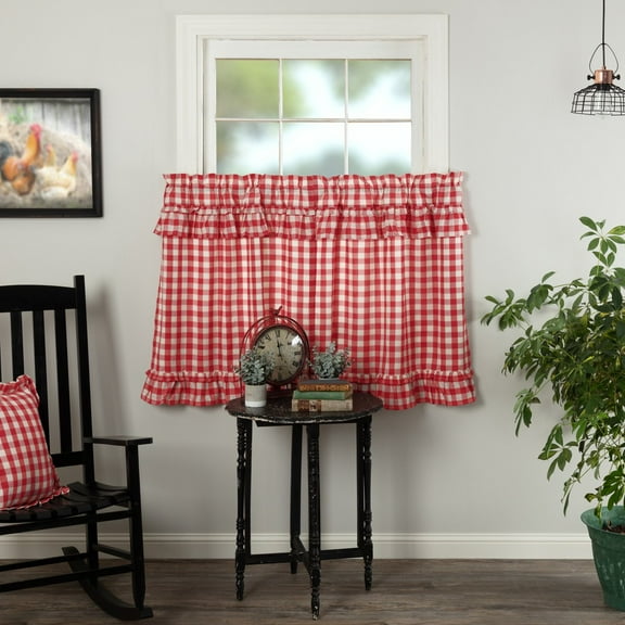 Farmhouse 36"x36" Tier Pair Red Rod Pocket Kitchen Window Curtains