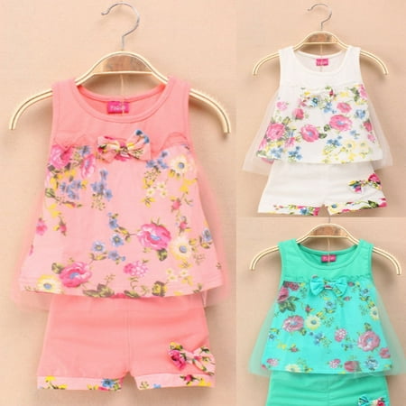 Summer Baby Kids Girls Suit Printed Flower Bow Sleeveless Lace Vest ...
