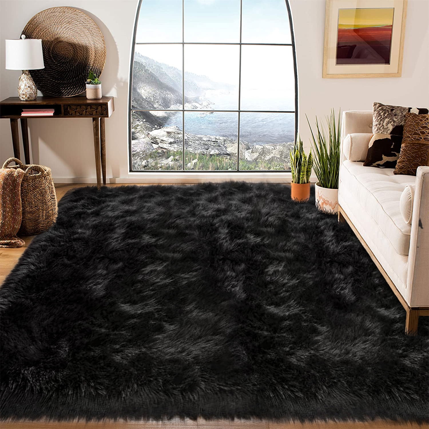 Latepis Area Rug 6.7x10, Faux Fur Sheepskin Rug for Living Room, Fluffy Washable Rug for Bedroom, Nursery, Luxury Room Decor, Black Fur Rug, Rectangle