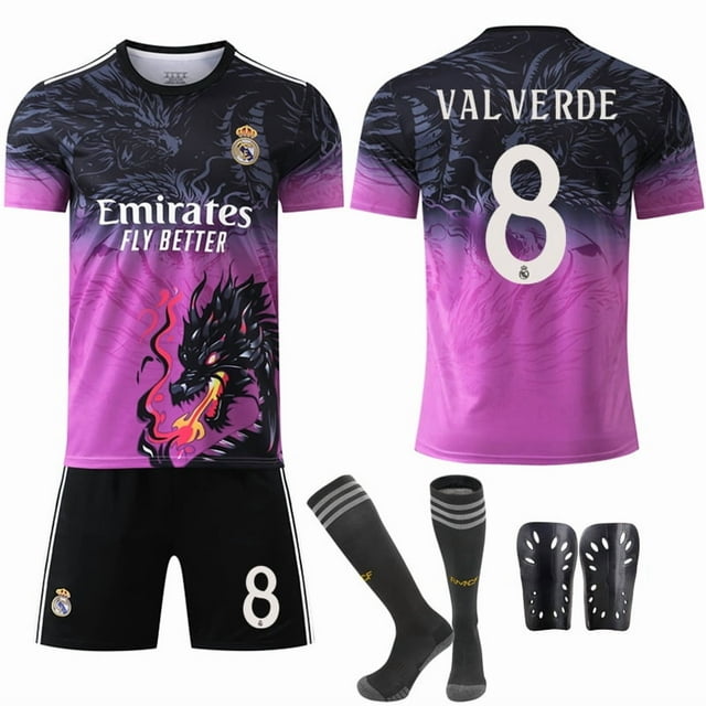 2425 Real Madrid Color Dragon Pattern Special Commemorative Edition No. 9 Mbappe 7 Vinicius 5 Bellingham Black and Purple No. 8 with Socks + Protective Gear SetM