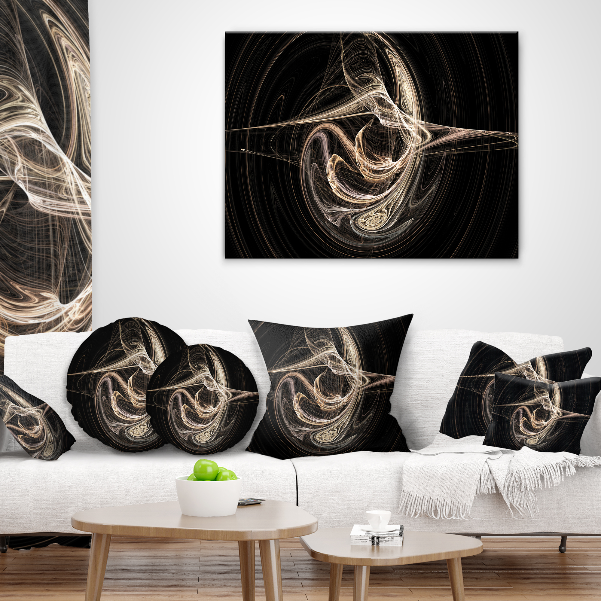 Designart White Abstract Fractal Design in Black - Abstract Throw Pillow - 12x20