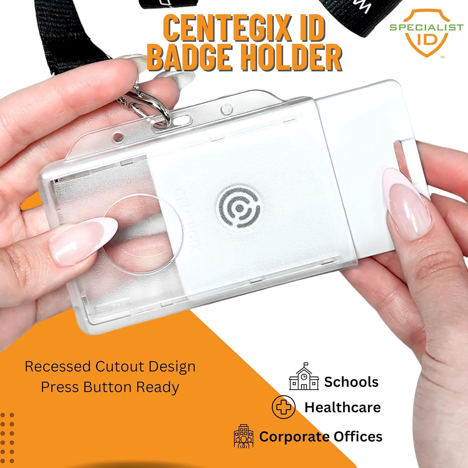Bulk 20 Pack - Horizontal Centegix Badge Holder for Nurses & Staff - Holds 1 Landscape ID & 1 Centegix V2 CrisisAlert Alarm Badge - Heavy Duty Clear Horizontal Display with Recessed Button Access