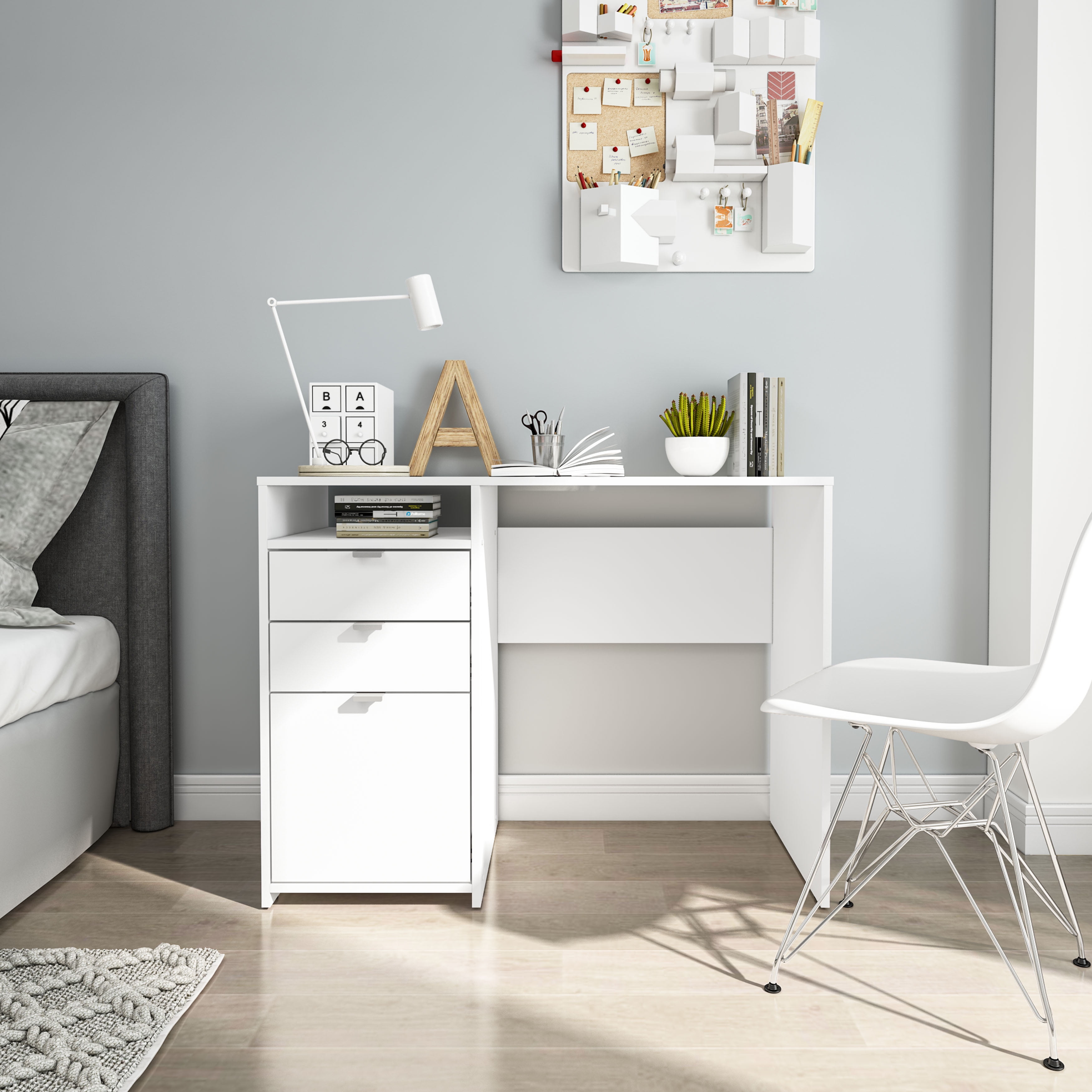 Polifurniture Cambridge Modern 39.5 in. Writing Desk with 3 Drawers and 1 Shelf White Finish Walmart