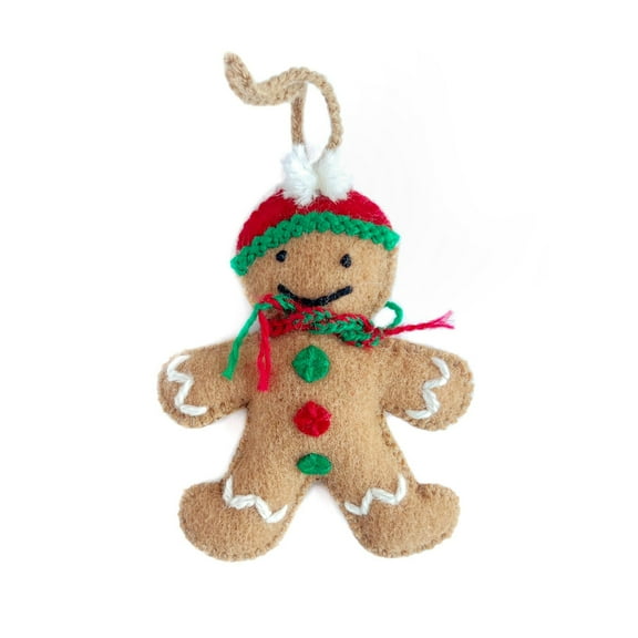 Gingerbread Man Christmas Ornament, Cute Embroidered Wool, Fair Trade Handmade in Peru