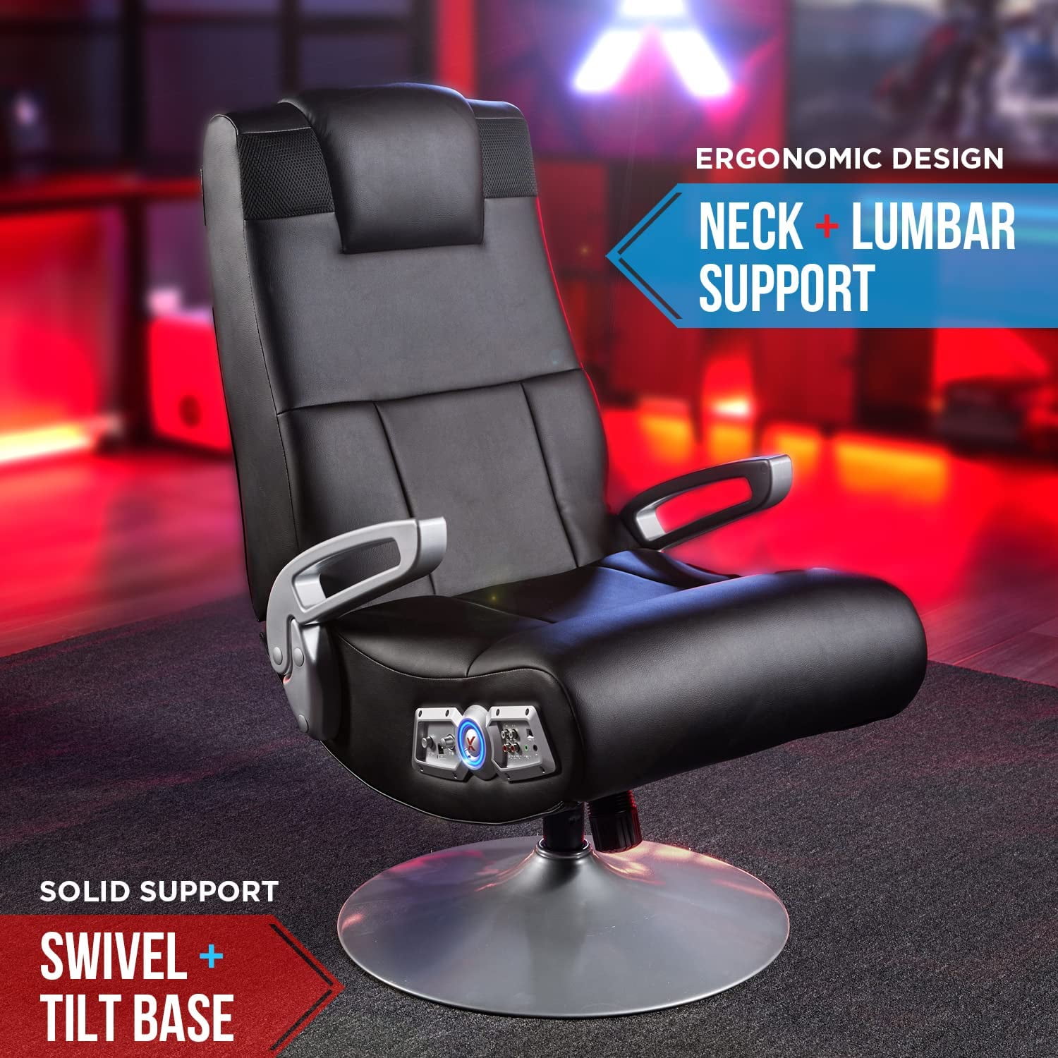 FSXUOLIPI SE Pro Video Gaming Lounging Pedestal Chair with Wireless Audio,  2 Speakers &amp; Subwoofer, Tilt &amp; Swivel, Ergonomic Lumbar &amp; Neck  Support, Armrests, Comfortable, Black - Walmart.com