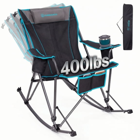 FUNDANGO Oversized Folding Camping Rocking Chairs for Adults, Support to 400lbs, Outdoor Rocking Camping Chair with Pocket, Foldable Rocker with Mesh High Back for Camping, Outdoor, Picnic