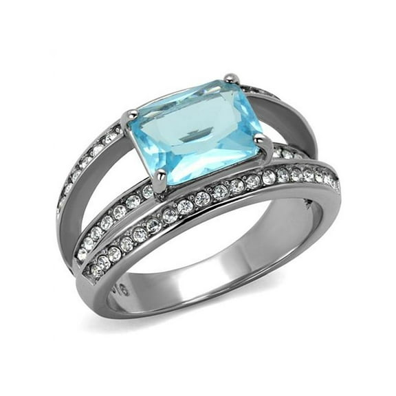 Womens Stainless Steel 4.07Ct Emerald Cut Sea Blue Crystal Cocktail Ring Size 10