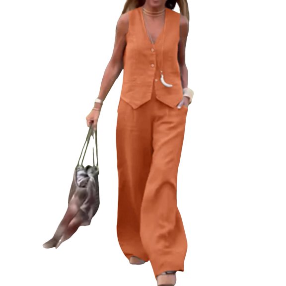 Quixlent 2 Pcs/Set Women Vest Pants Set Sleeveless V Neck Single-breasted Top Elastic Waist Side Pockets Straight Trousers Casual Commute Clothes Daily Outfit