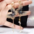 thumbnail image 5 of HOOUN Korean Style Embroidery Butterfly Crystal Earrings Long Tassel Drop Jewelry-Pink, 5 of 9