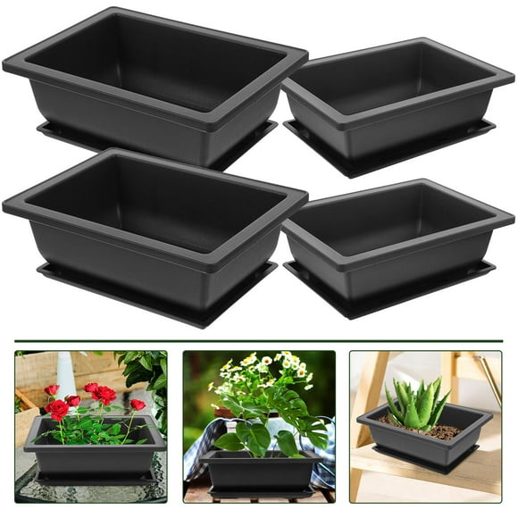 OULII 8Set Plastic Bonsai Pots with Tray for Small Plants and Home Furnishings 11.8x6.6in