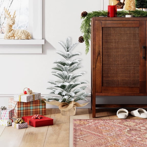 Mini Christmas Tree, Mini Xmas Pine Tree, Unlit Christmas Tree, 20in All-PE Snow Flocked Tabletop Christmas Tree – with Burlap-Wrapped Cement Base, Perfect for Table, Desk, Home Christmas Decor