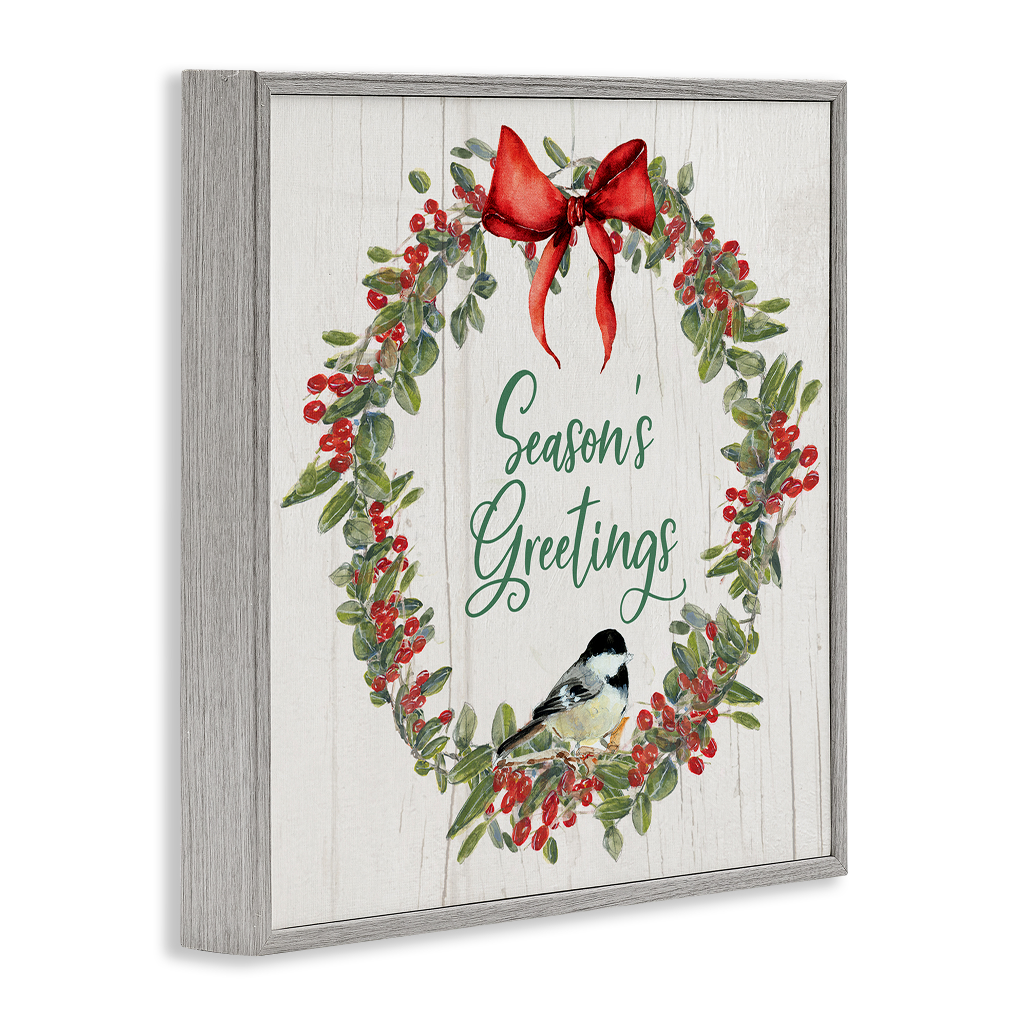 Stupell Industries Season's Greetings Wreath Holiday Painting Gray Framed Art Prints Wall Art, 12 x 12