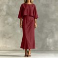 thumbnail image 4 of Hueook Elegant Dress for Women Crew Neck 3/4 Sleeve Straight Fit Casual Midi Dress Wine M, 4 of 8