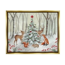 Stupell Industries Forest Animals & Christmas Tree Holiday Painting Gold Floater Framed Canvas Art Print Wall Art, 21 x 17
