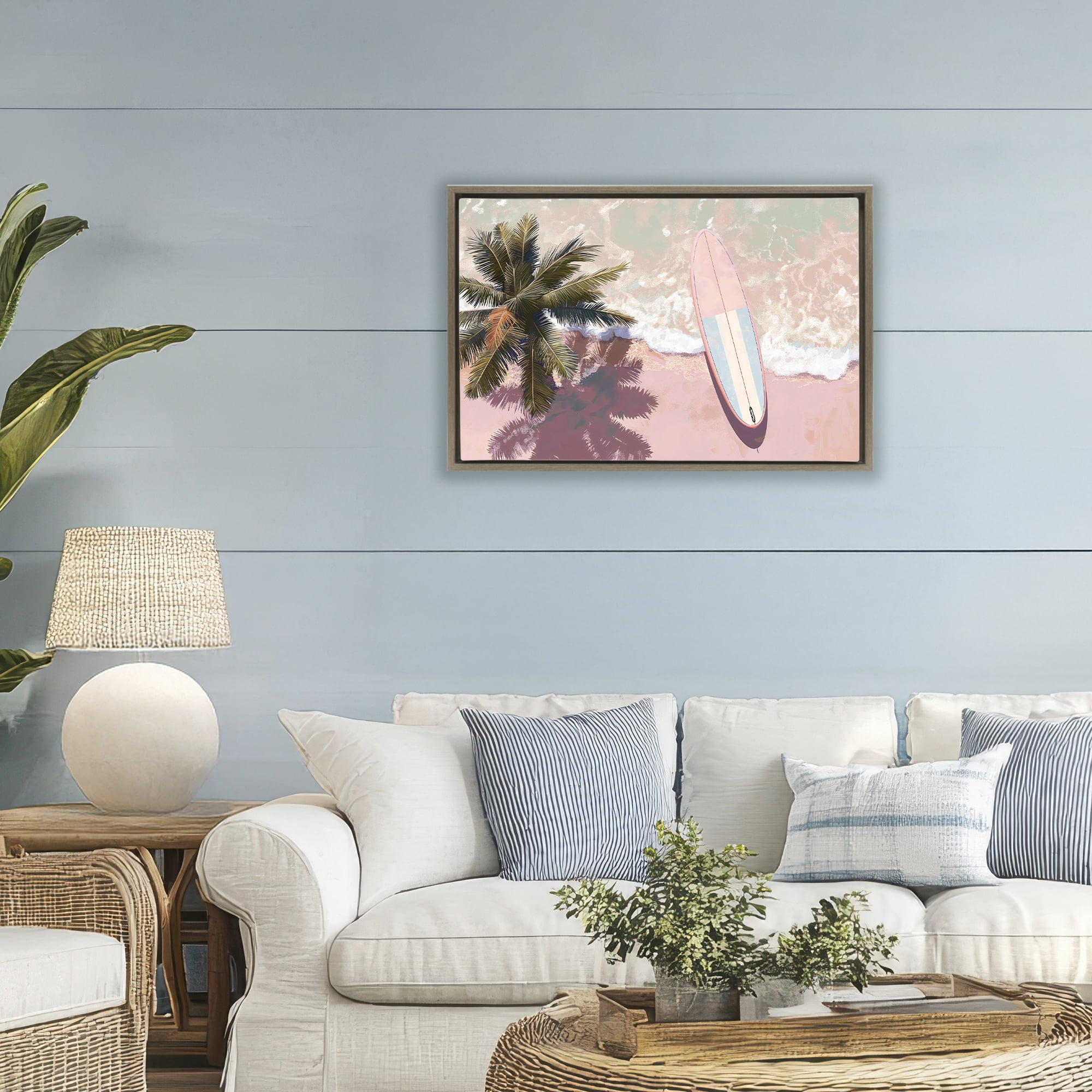 Stupell Industries Blush Pink Surfboard & Palm Brown Framed Floater Canvas Wall Art, design by Jacky Ngan