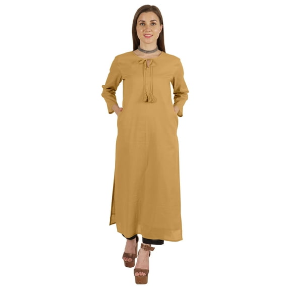 Moomaya Solid Long Kurti For Women Cotton Tunic 3/4 Sleeve Ethnic Formal Kurta w/ Pockets