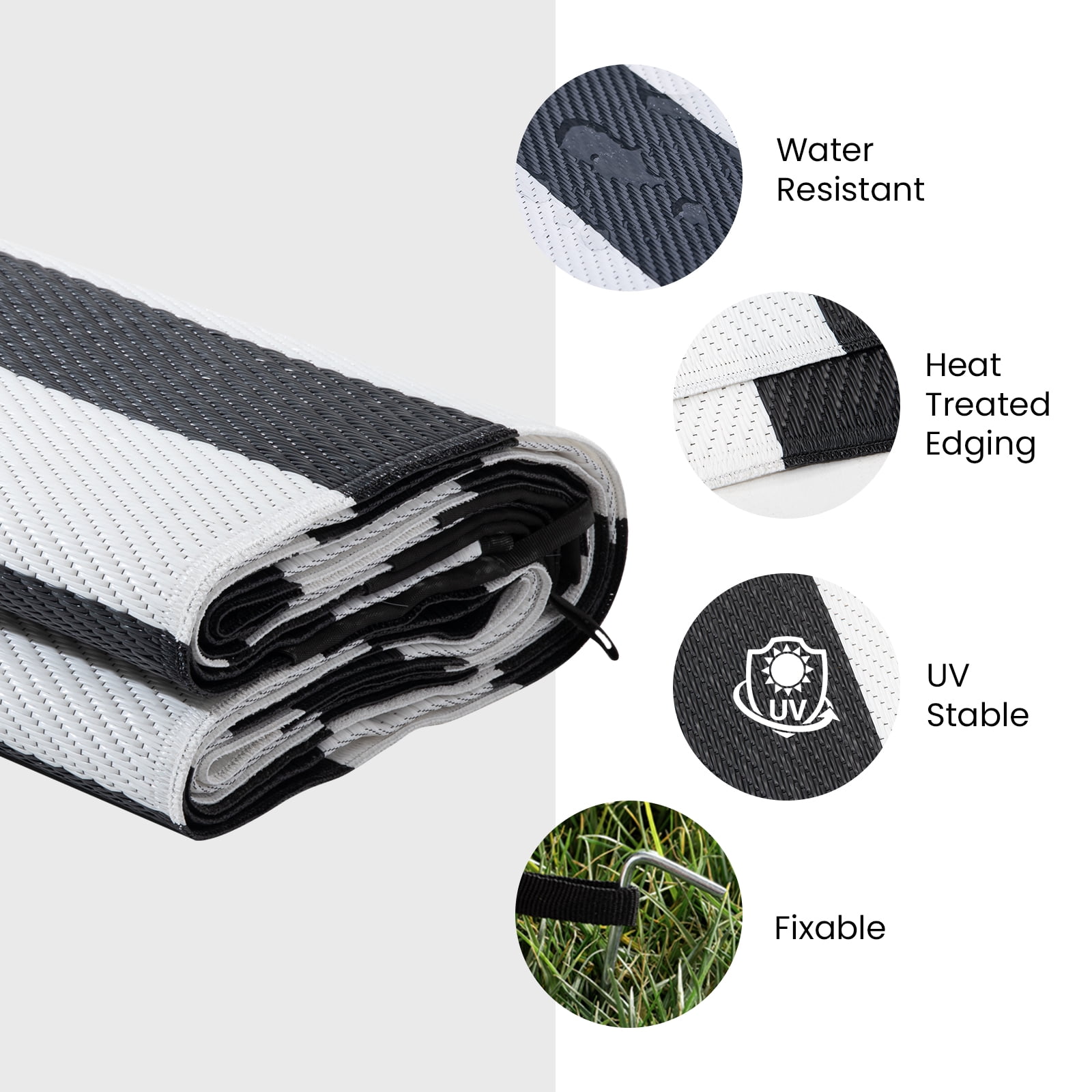STRICKLANDHOME Outdoor Rug 6 x 9 ft, Reversible Plastic Straw Rug for Patio, Black & White