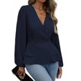 thumbnail image 3 of Women Dressy Long Sleeve Blouses,Wrap Peplum Work Shirts V Neck Business Tops Elegant Fall Outfits Navy Blue XL, 3 of 9