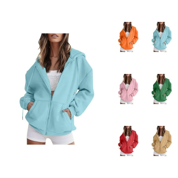 Zip Up Hoodies for Women 2025 Long Sleeve Plain Oversized Hoodie with Pockets Hooded Sweatshirt Women Jacket