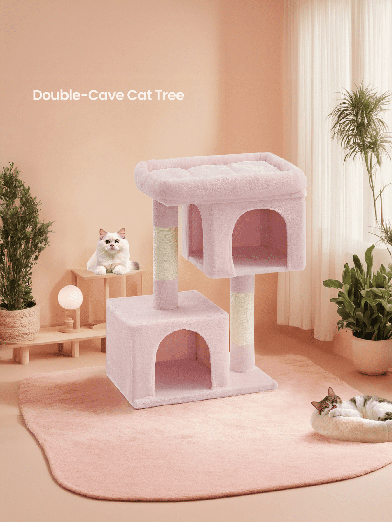 LEDREM 40.6-Inch Cat Tree Tower for Extra Large Cats up to 44 lb, Plush Condo with Large Perch & 2 Caves, Scratching Posts, Jelly Pink