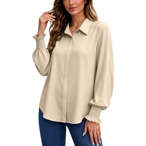 Tqcoqu Women's Button Down Blouse Shirt,Puff Collar Long Sleeve Smocked Cuffs Loose Casual Work Blouse Tops,Beige Women's S-XXL