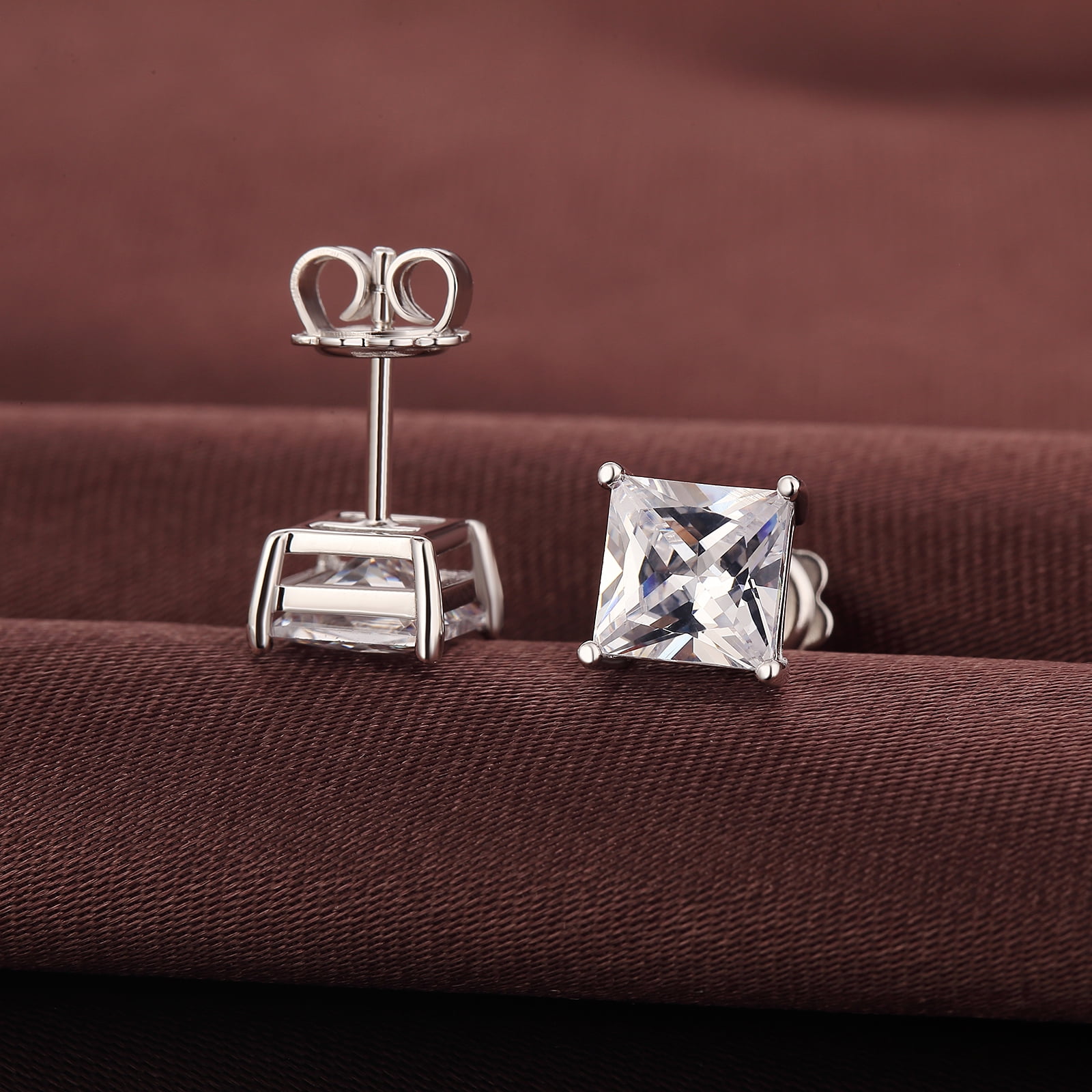Jiamiaoi 18k White Gold Plated 925 Sterling Silver Sparkly Cubic Zirconia Stud Earrings Sets 4mm-8mm Circle Diamond Earrings Gold Square Stud Earrings Hypoallergenic