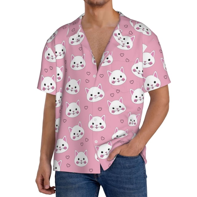 Fotbe Cute Cat Camisa Estampada de Manga Corta para Hombre, Casual de Verano, Estilo Playero, Sin Arrugas-X-Large