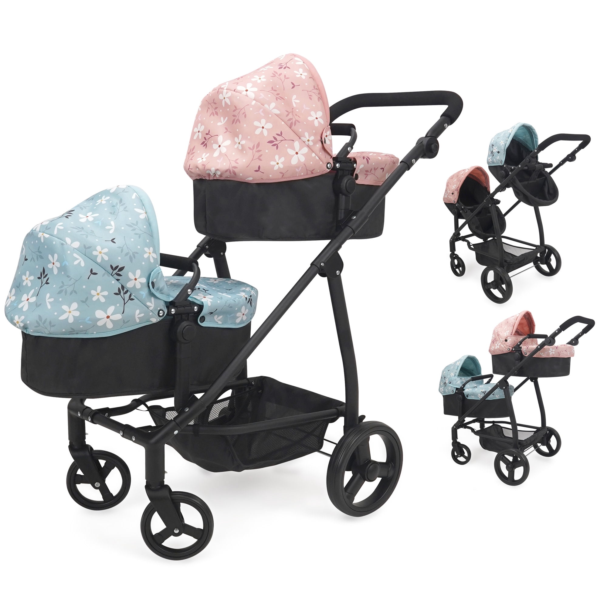 509 Crew: Springtime - Deluxe City Twin Doll Stroller - Black-Pink-Blue-Flowers, Converts To Jogger & Push Pram, Adjustable Doll Accessory Toy, Kid 3+