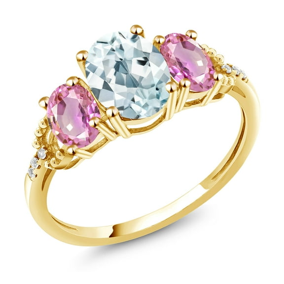 Gem Stone King 2.44 Ct Oval Sky Blue Aquamarine Pink Sapphire 10K Yellow Gold Ring (Size 5)