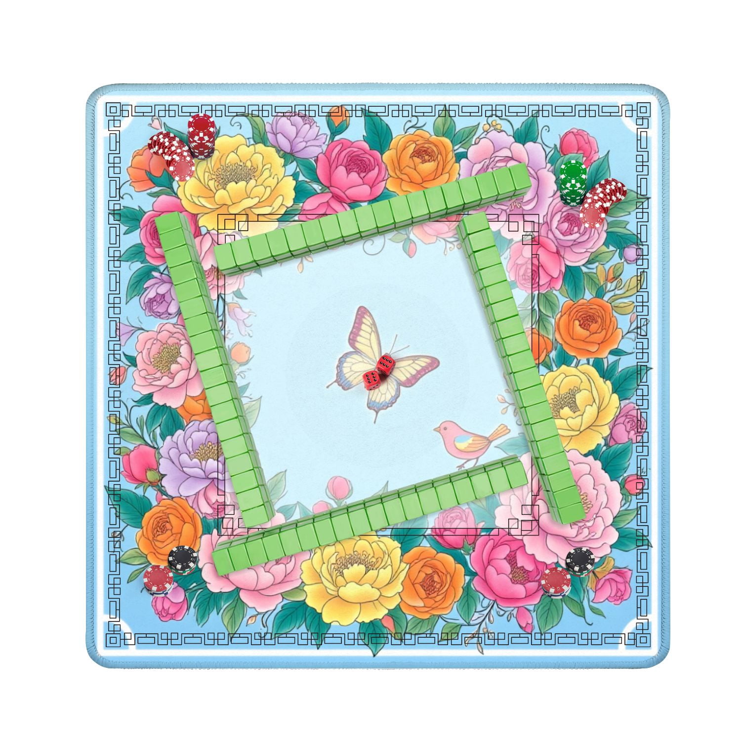 Mahjong Mat 31.5" x 31.5" Colorful Floral Frame Butterflies Birds Pastel Shades Non-Slip Noise Reduction American Mahjong Tiles Table Cover for Dominoes Poker Card Board Games Gift