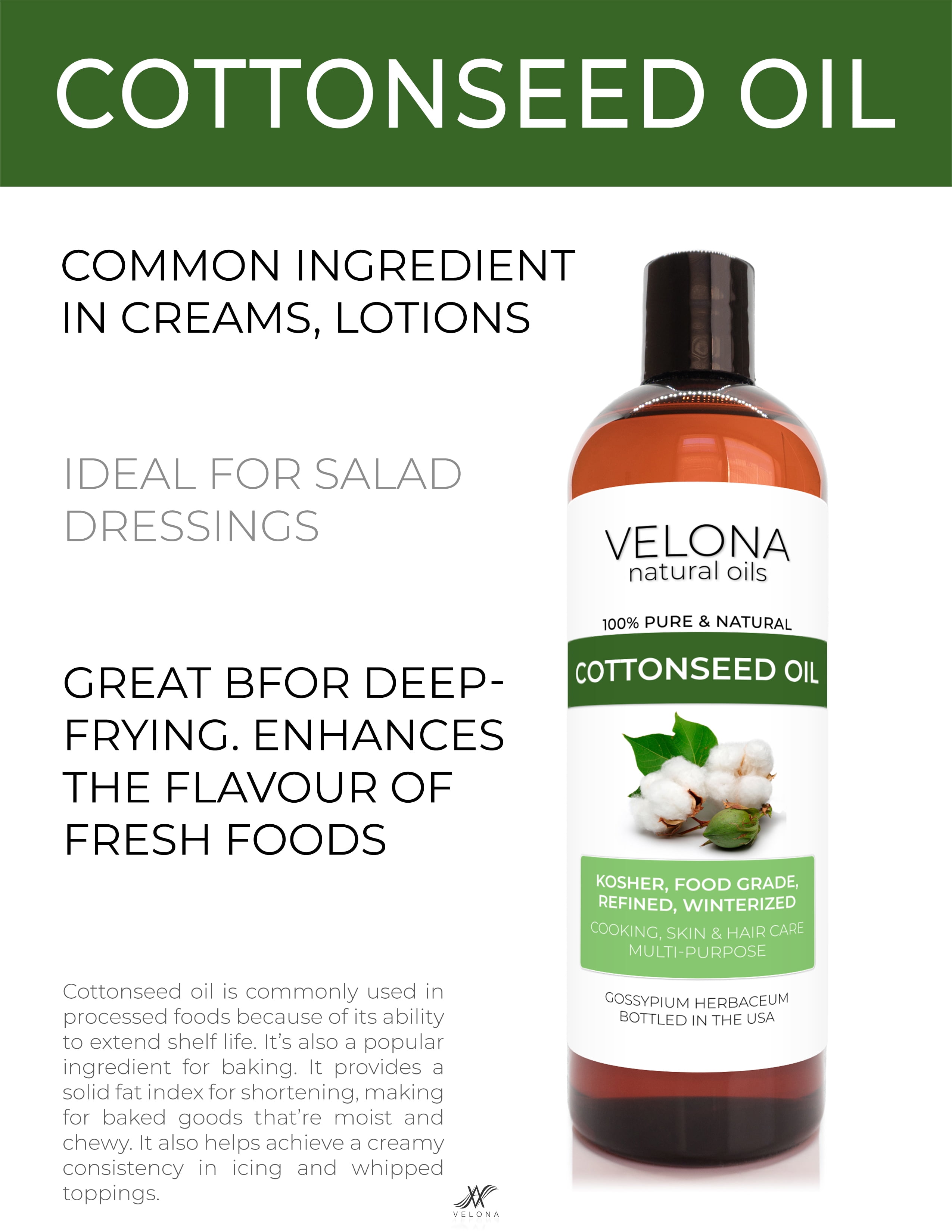 Cottonseed Oil by Velona - 32 oz | 100% Pure and Natural Carrier Oil | Refined, Cold pressed | Cooking, Skin, Face, Body, Hair Care | Use Today - Enjoy Results