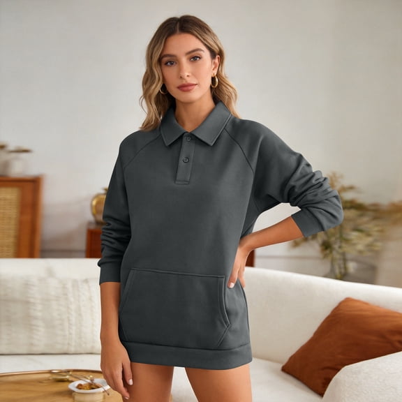 Stralyhd Women's Casual Polo Neck Sweatshirt Long Sleeve Button Pullover Tops Fall Fashion Outfits Clothes with Pockets Gray XXL