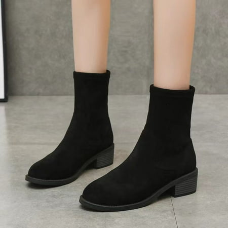 

ERTUTUYI Fashion Women Flock Solid Color Autumn Thick Sole Square Heels Slip On Mid Booties Round Toe Shoes Black 41