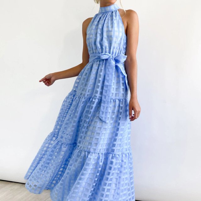 Vestido Sin Mangas Vestidos largos de mujer Vestido de cuello alto de cintura alta Estilo bohemio (Azul S) Ygjytge para Mujer Azul T S