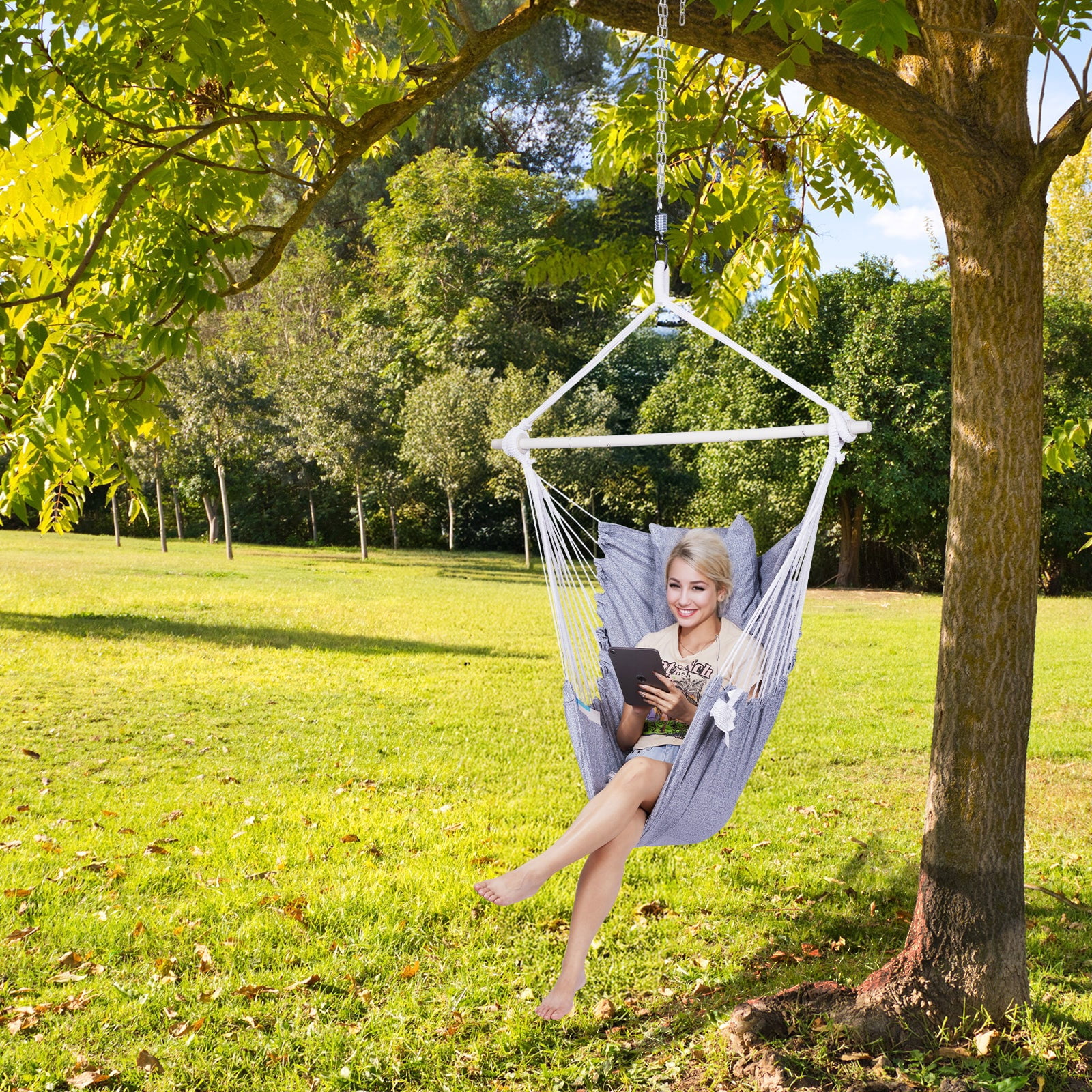 Backyard Expressions Hammock Chair Hanging Rope Swing Chair, 2 Pillows, Anti Slip Steel Spreader Bar