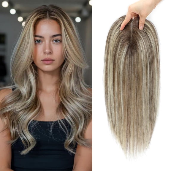 Hair Toppers for Women 14inch Hair Toppers for Women with Thinning Hair Human Hair Clip in Hair Pieces for Women Breathable Base for Daily Wear Rooted Melt Ashy Light Blonde Balayage