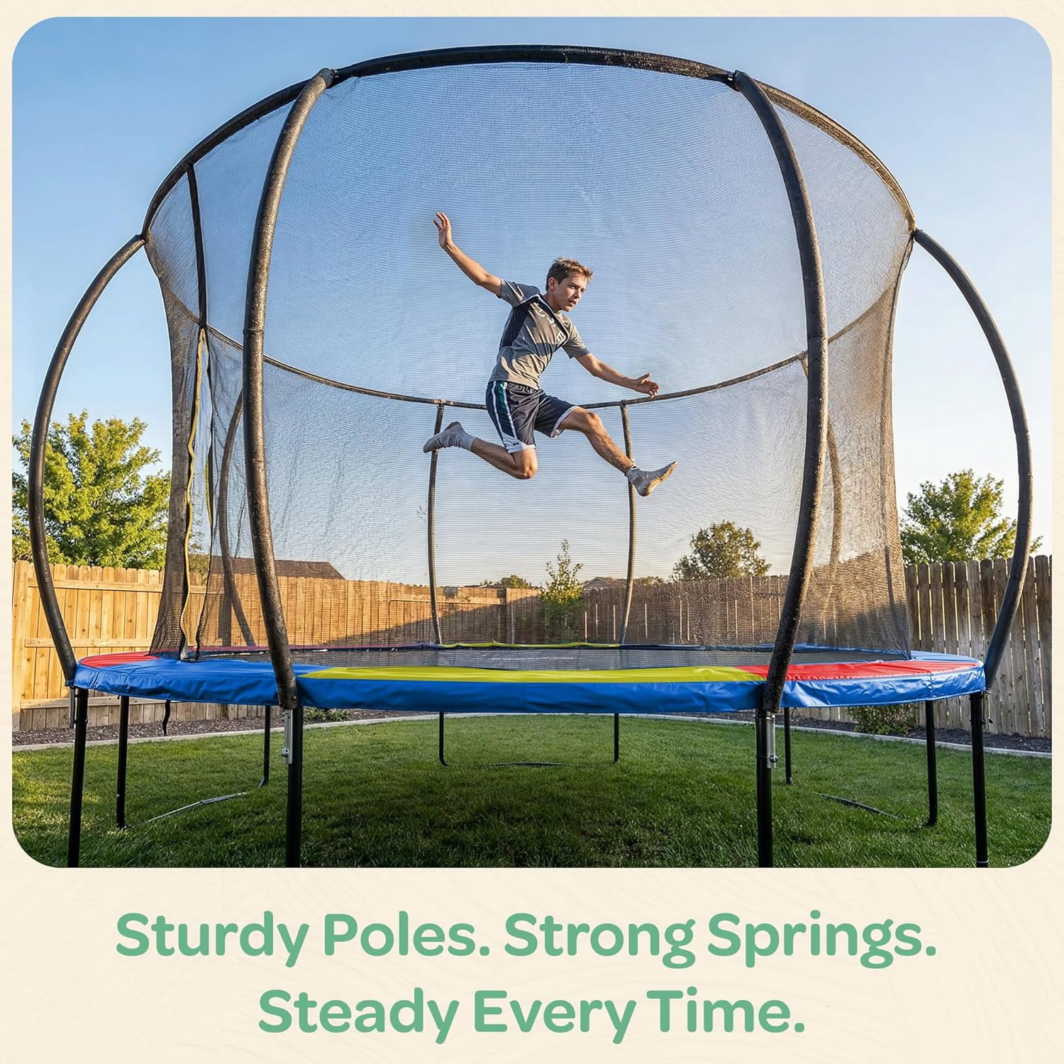 JoyBerri Rebounder Trampoline for Adults and Kids – Outdoor Recreational Trampoline with Safety Enclosure Net, Ladder, LED Lights & Sprinkler – ASTM Certified Family Fun Trampoline - Colorful